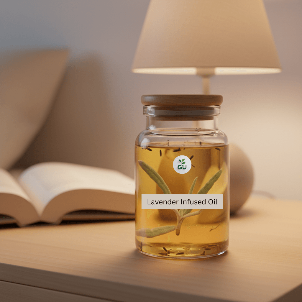 GU Lavender infused oil in a jar with a lamp