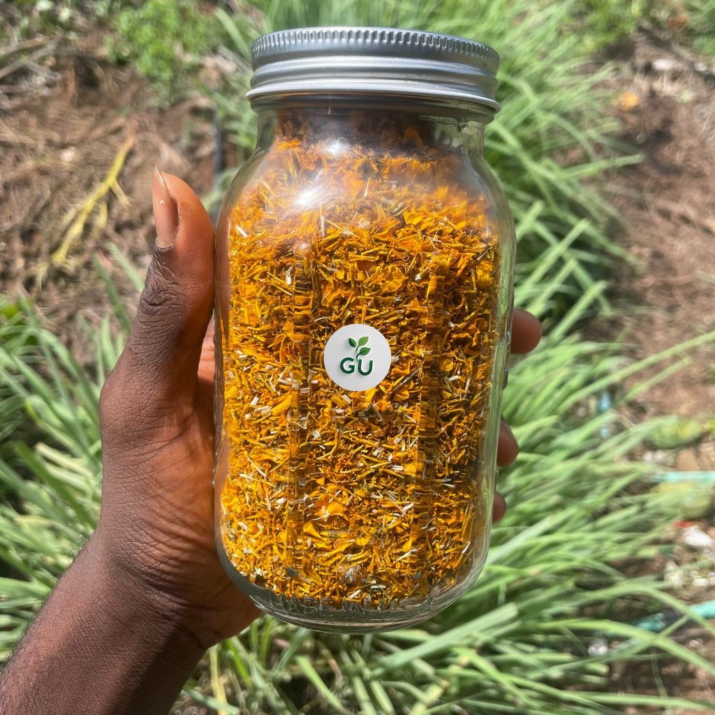 Dried marigold petals in a jar