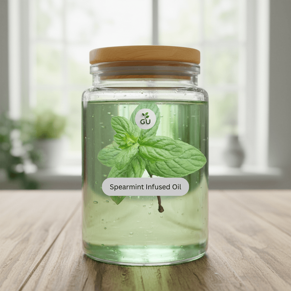 GU Spearmint infused oil in a jar on a wooden table