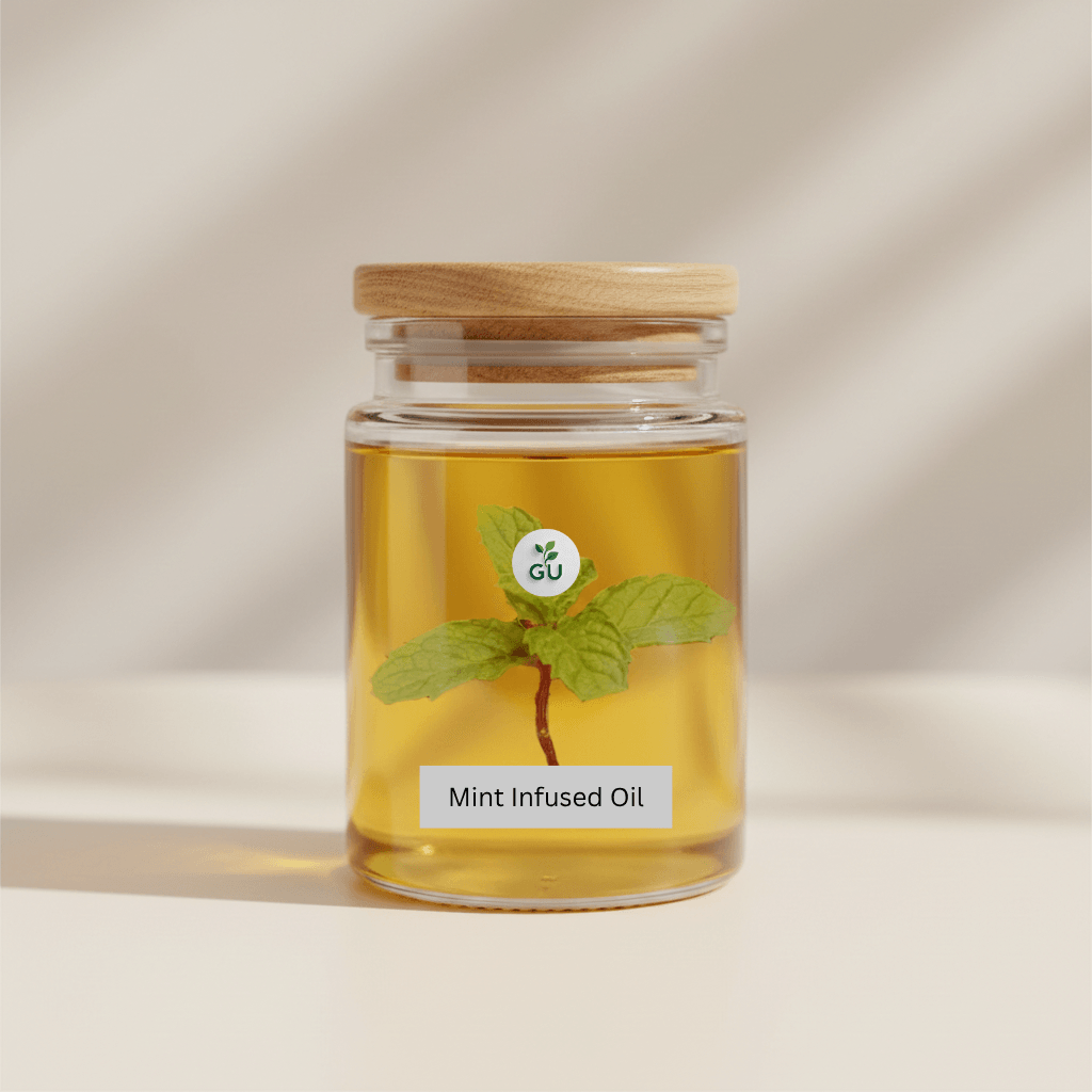 GU Mint infused oil in a jar with light background
