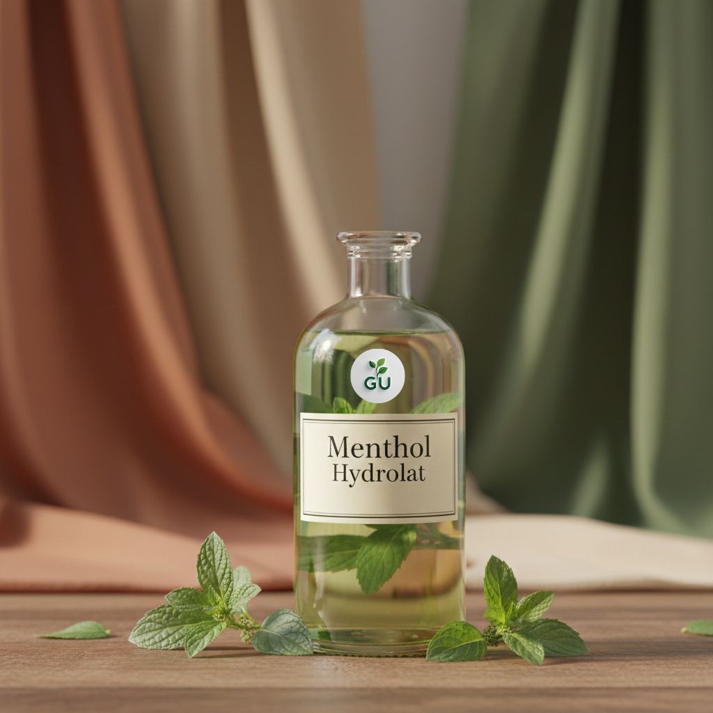 GU Menthol mint hydrolat in a glass bottle on a fabric backdrop