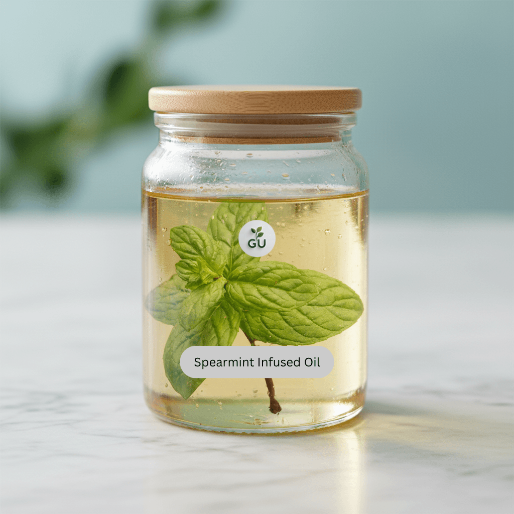 GU Spearmint infused oil in a jar on a marble surface