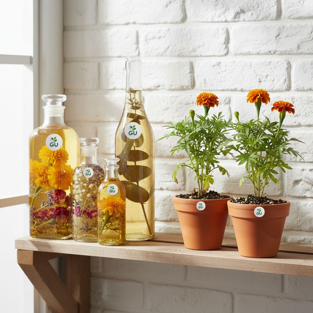 GU Marigold infused oil in 3 bottles on a wooden table