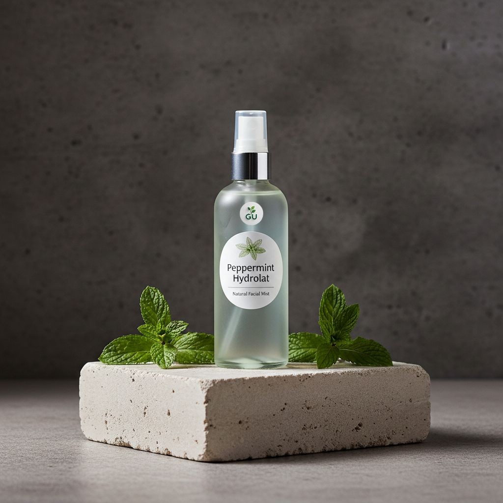 GU Peppermint hydrolat on a stone pedestal