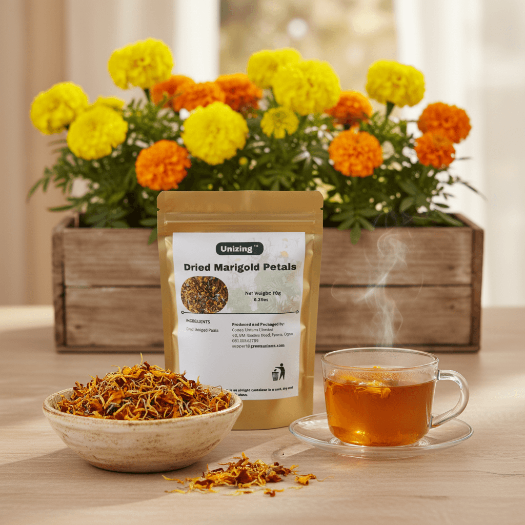 GU Dried marigold petals in a pouch with a cup of tea around growing marigold plants
