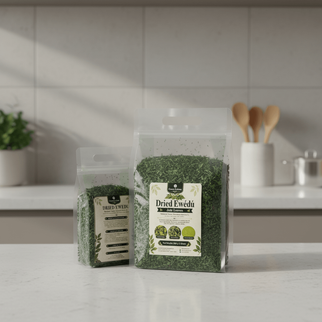 Green Unison dried ewedu jute leaves on a modern Nigerian kitchen counter