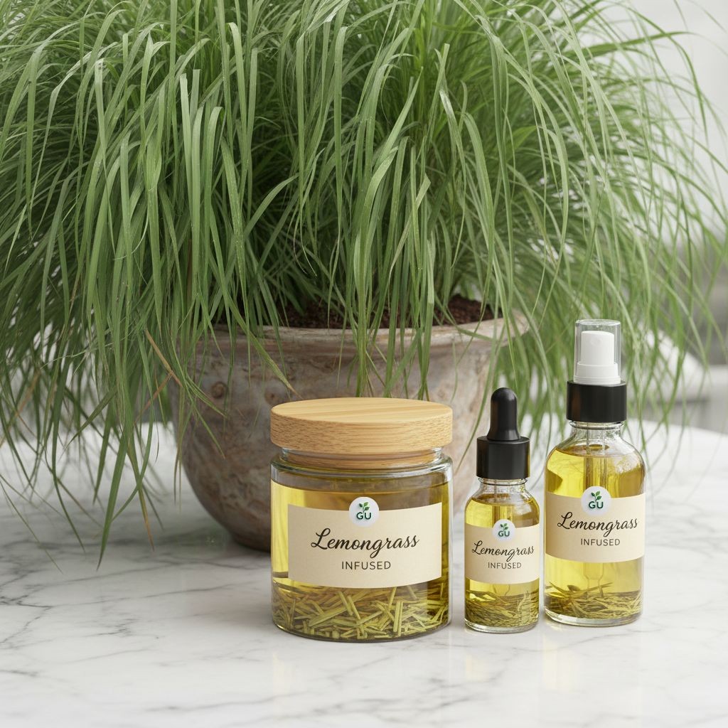 GU Lemongrass infused oil in jar and bottles with growing lemongrass plants
