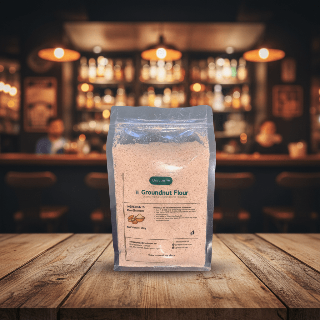 Carefully dried GU groundnuts on a Wooden Table in Front of a Shelf