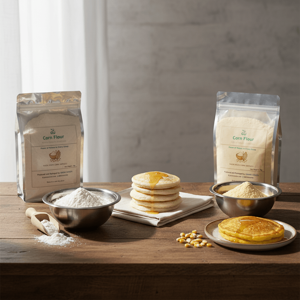 GU White and Yellow corn flour in resealable pouches with pancakes