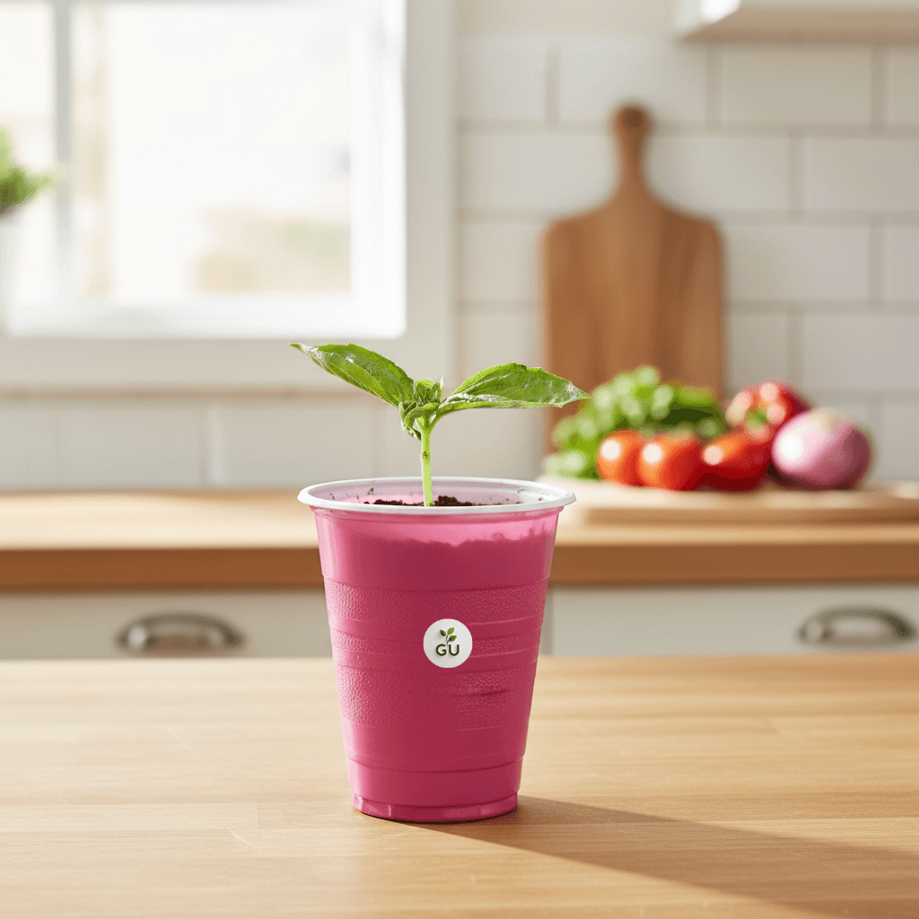 GU Sweet basil seedlings in a red cup on a kitchen cabinet