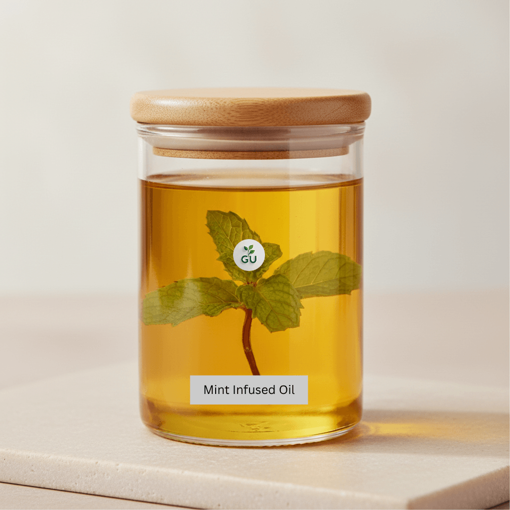 GU Mint infused oil in a jar on a platform