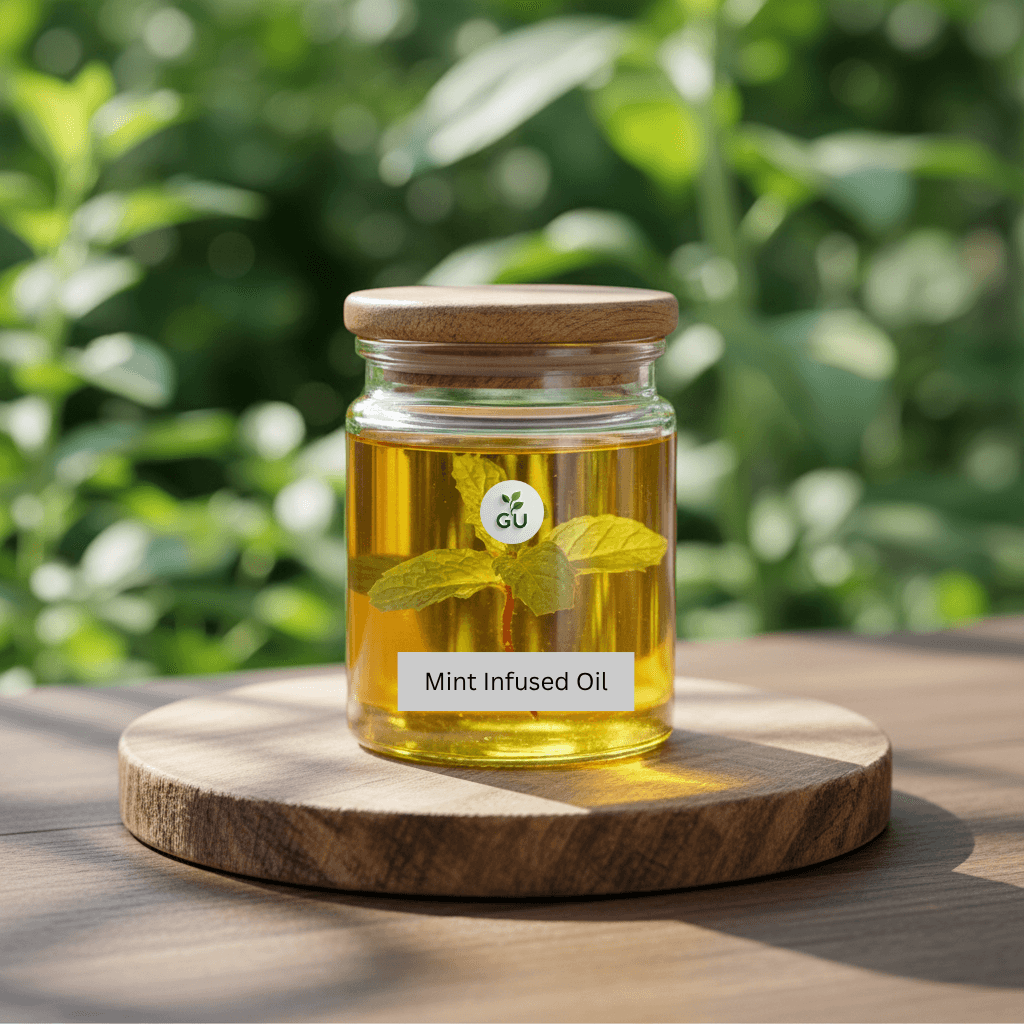 GU Mint infused oil in a jar in front of a garden