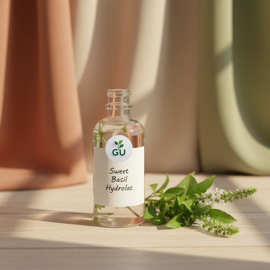 GU Sweet basil hydrolat in a glass bottle in front of a fabric backdrop