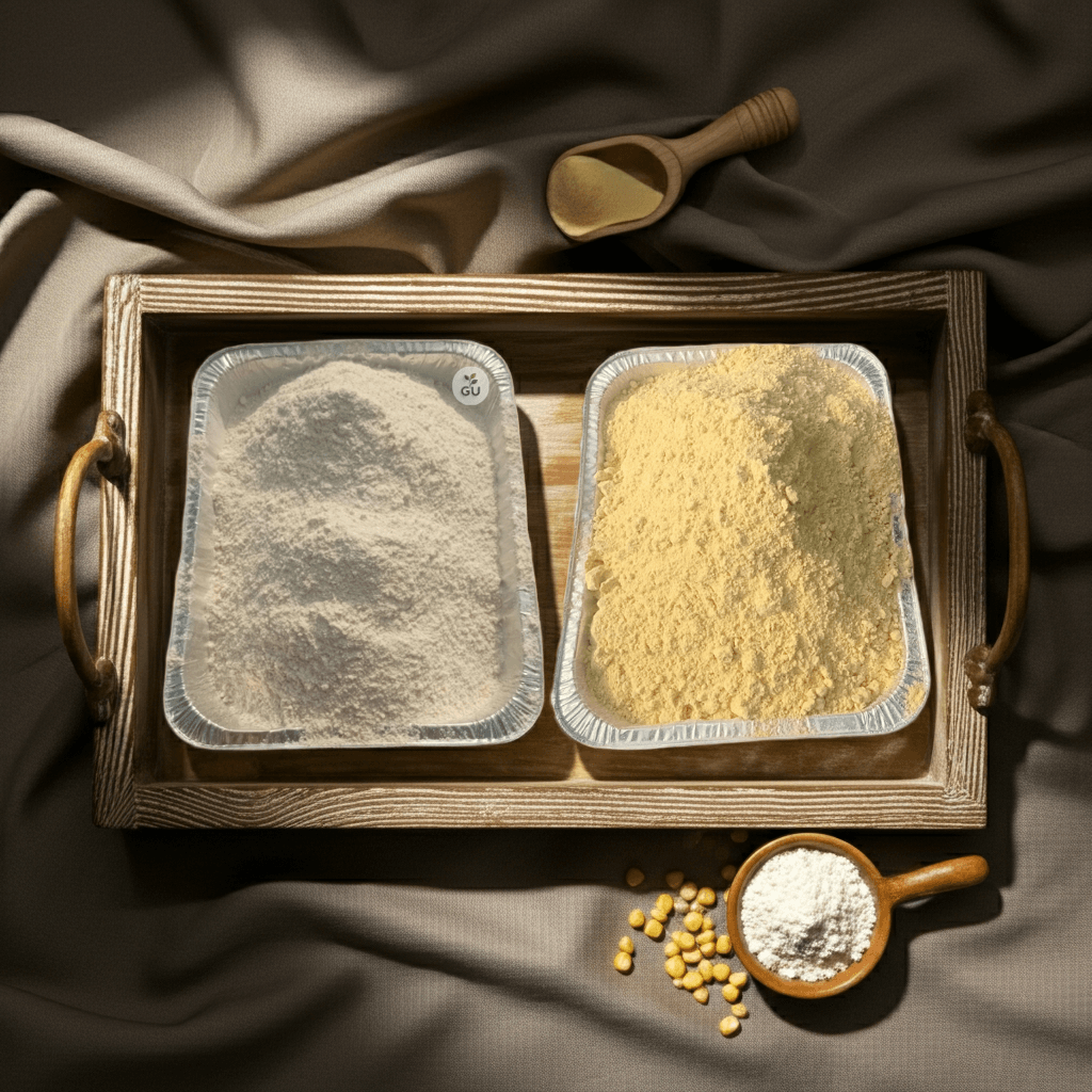 Green Unison White and Yellow corn flour in trays on wooden frame with corn kernels