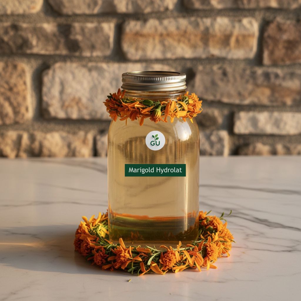 GU Marigold hydrosol on a wooden table