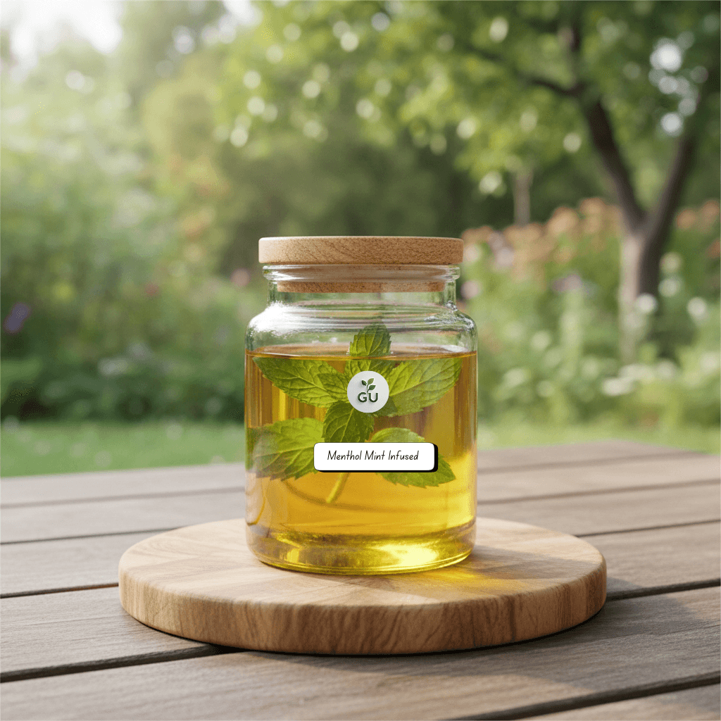 GU Menthol mint infused oil in a jar in front of a garden