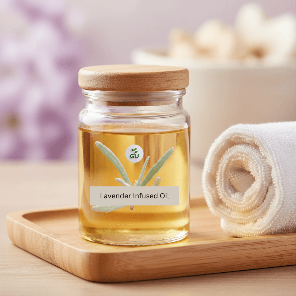 GU Lavender infused oil in a jar with a towel