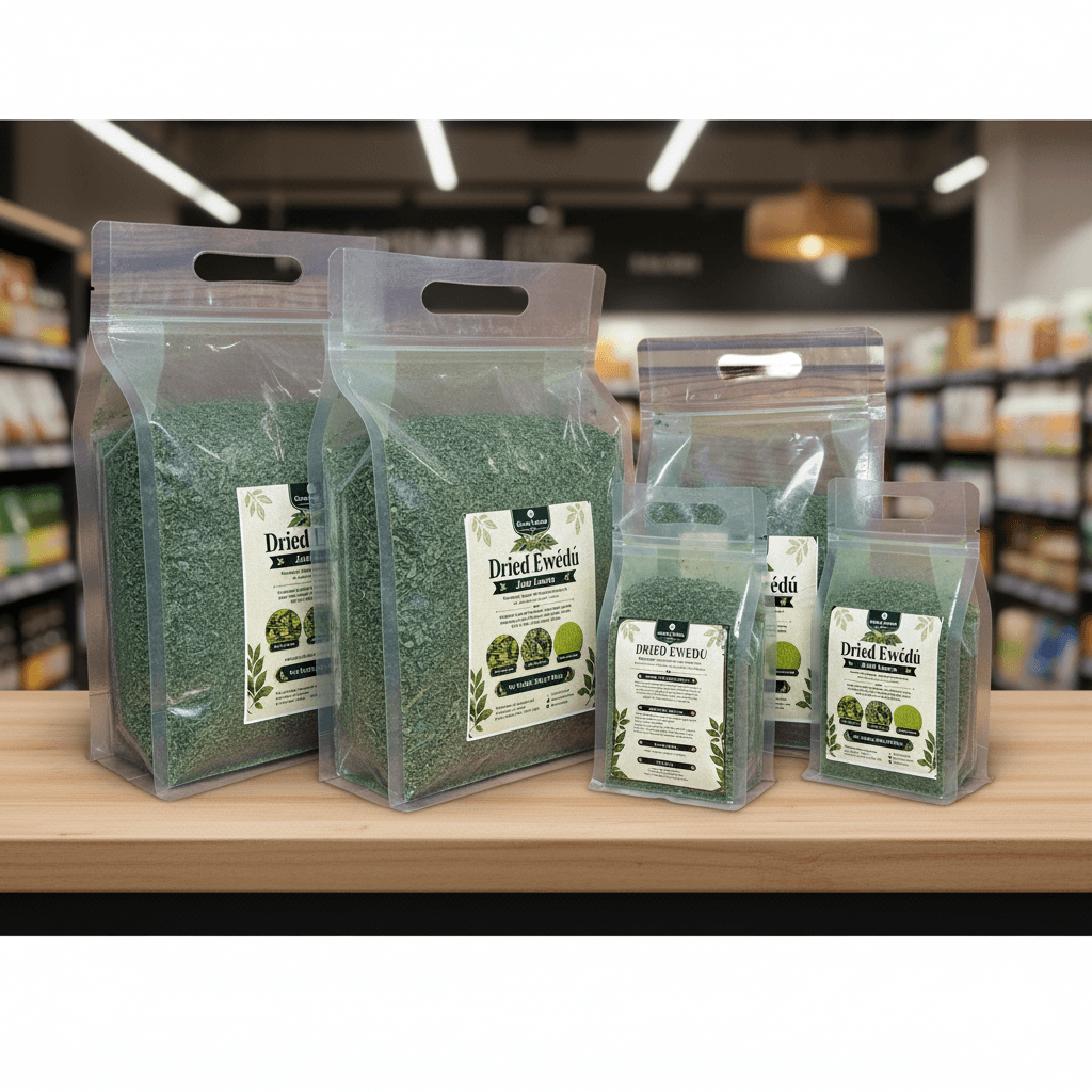 Green Unison dried ewedu jute leaves on a premium grocery shelf