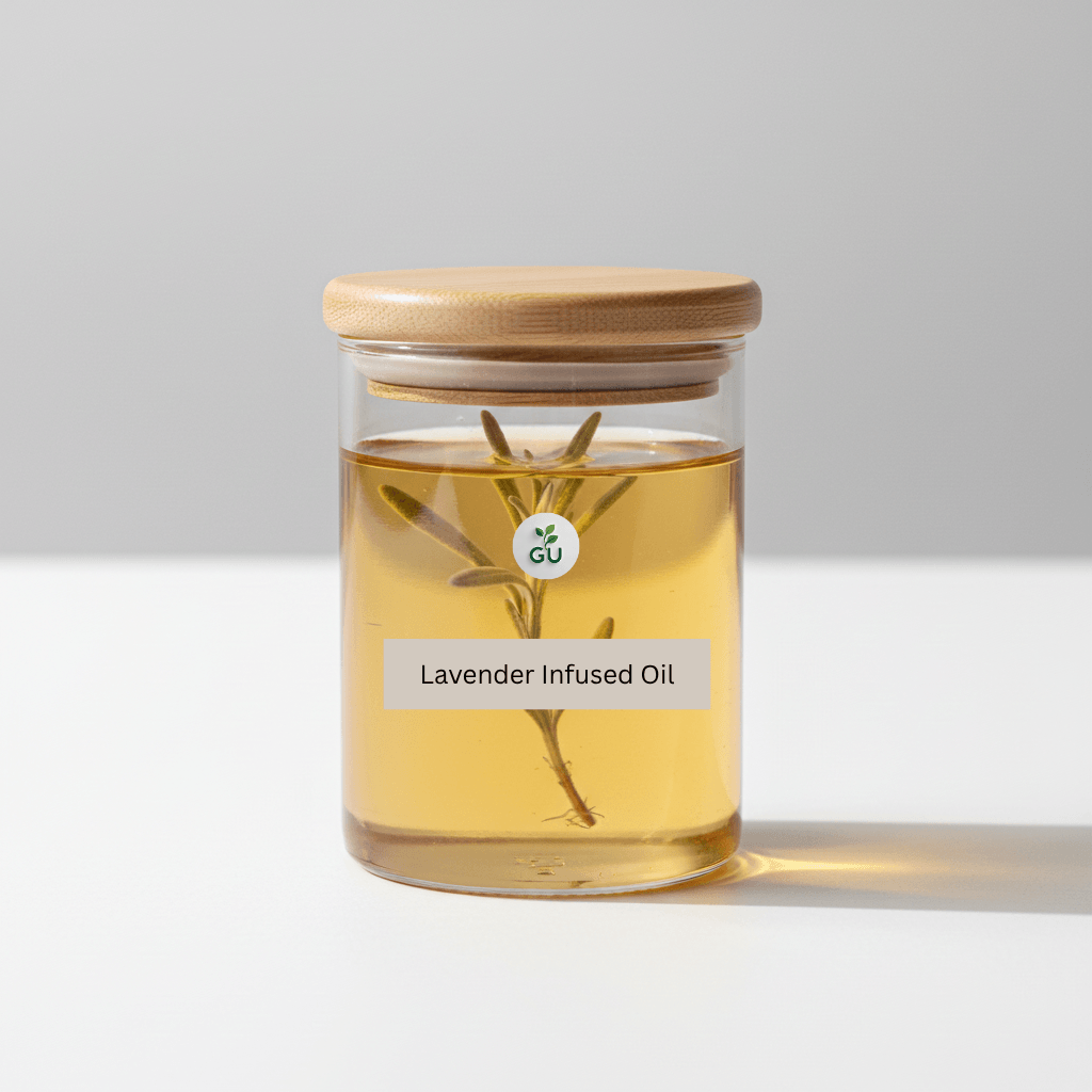 GU Lavender infused oil in a jar with white background
