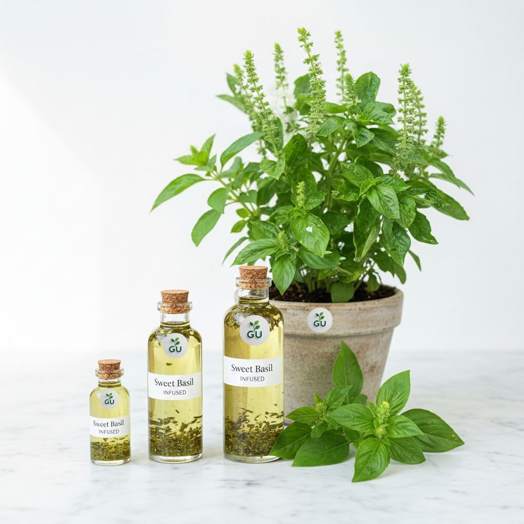 GU Sweet basil infused oil in 3 different bottles on a wooden table