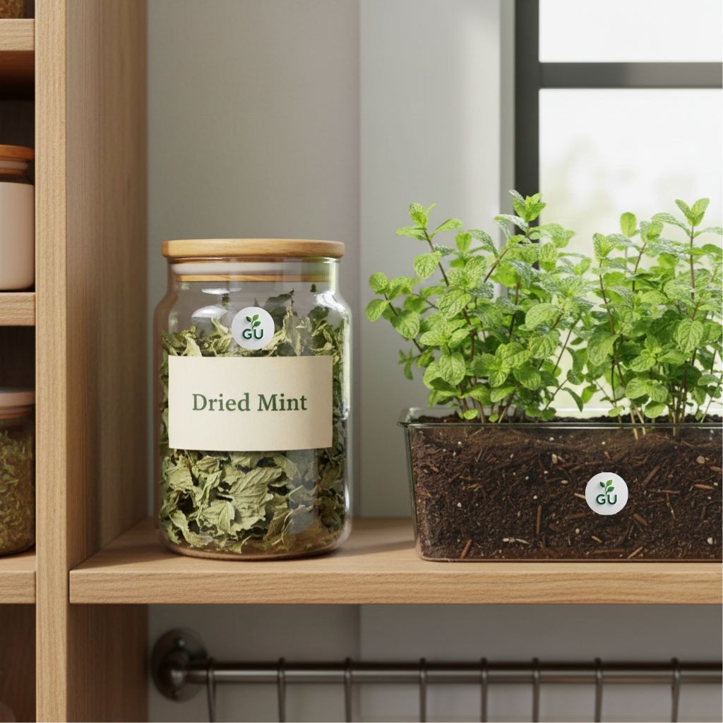 GU Dried mint leaves in a jar around growing mint plants