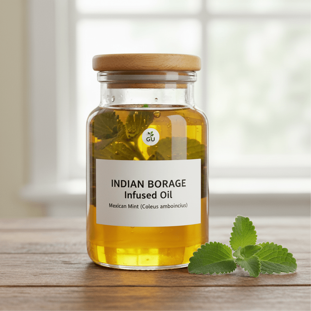 GU Indian borage infused oil in a jar on a flat wooden table