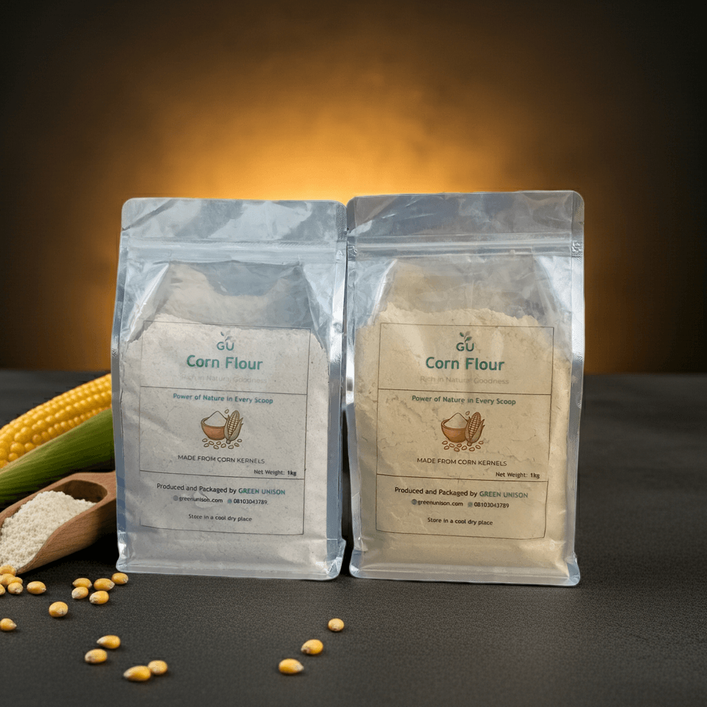 GU White and Yellow corn flour in stand-up pouches with corn kernels