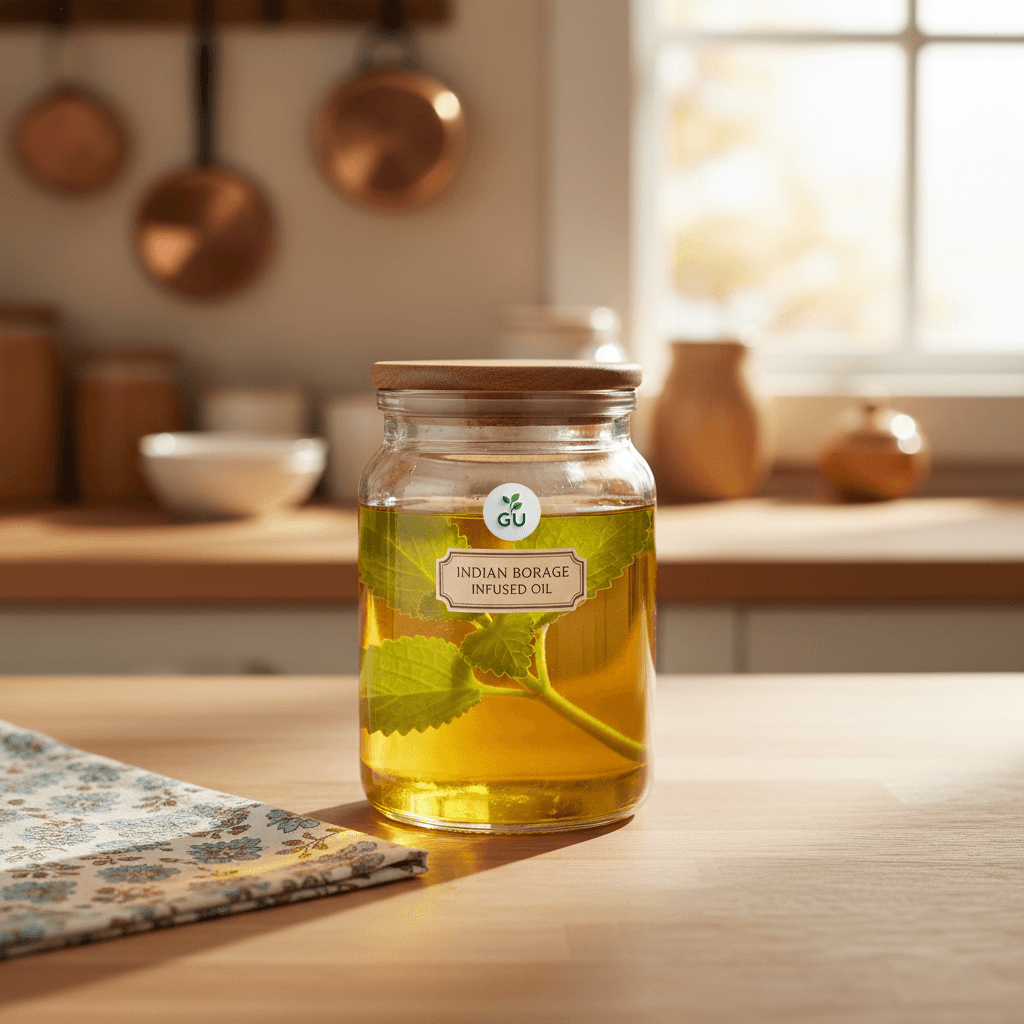 GU Indian borage infused oil in a jar on a kitchen cabinet