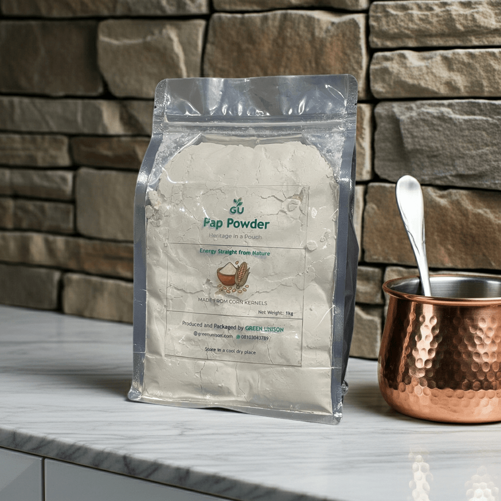 Pap powder 1kg in a stand-up pouch on a kitchen cabinet