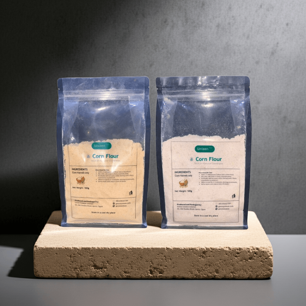 GU White and Yellow corn flour in stand-up pouches with corn kernels