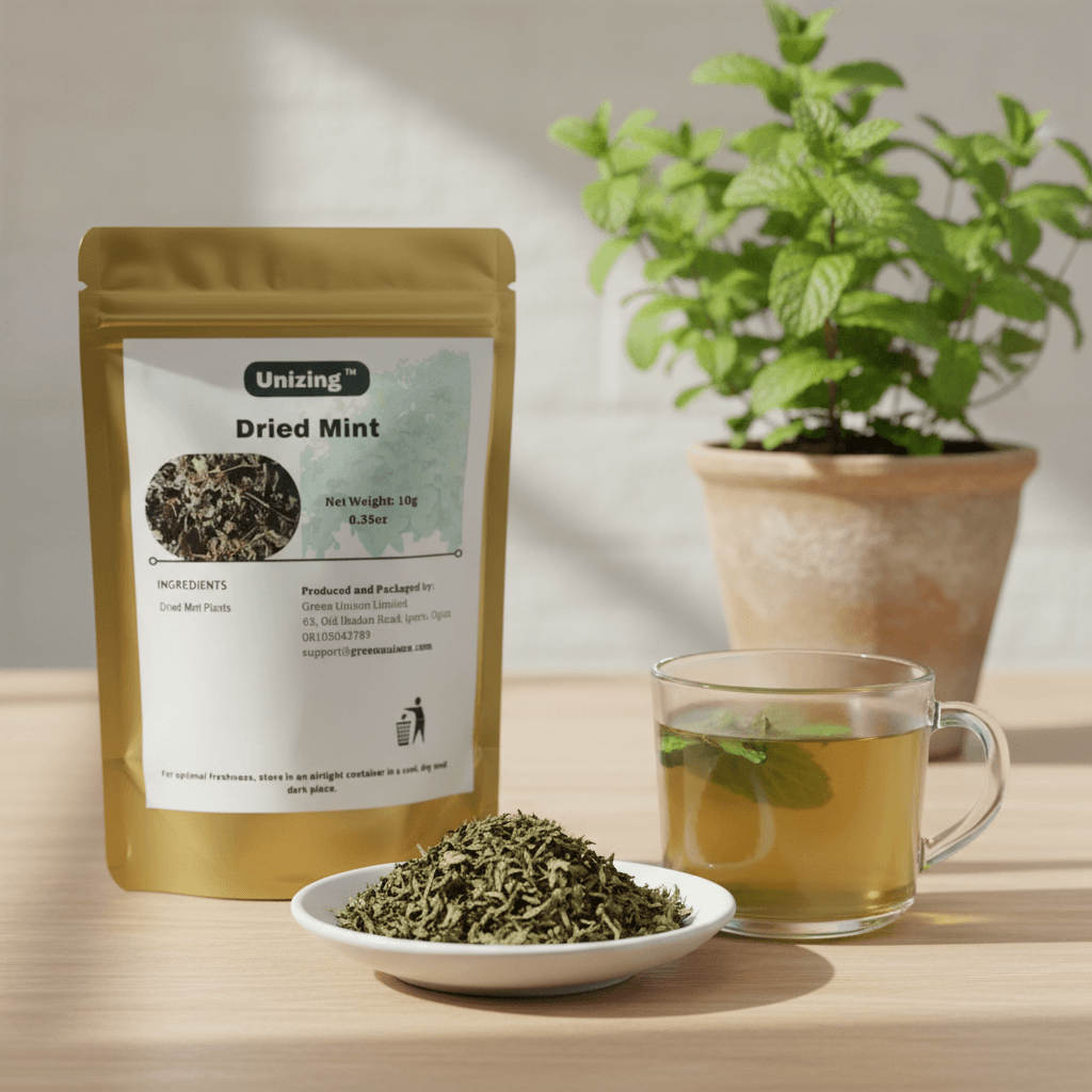 GU Dried mint leaves in a pouch with a cup of tea around growing mint plants