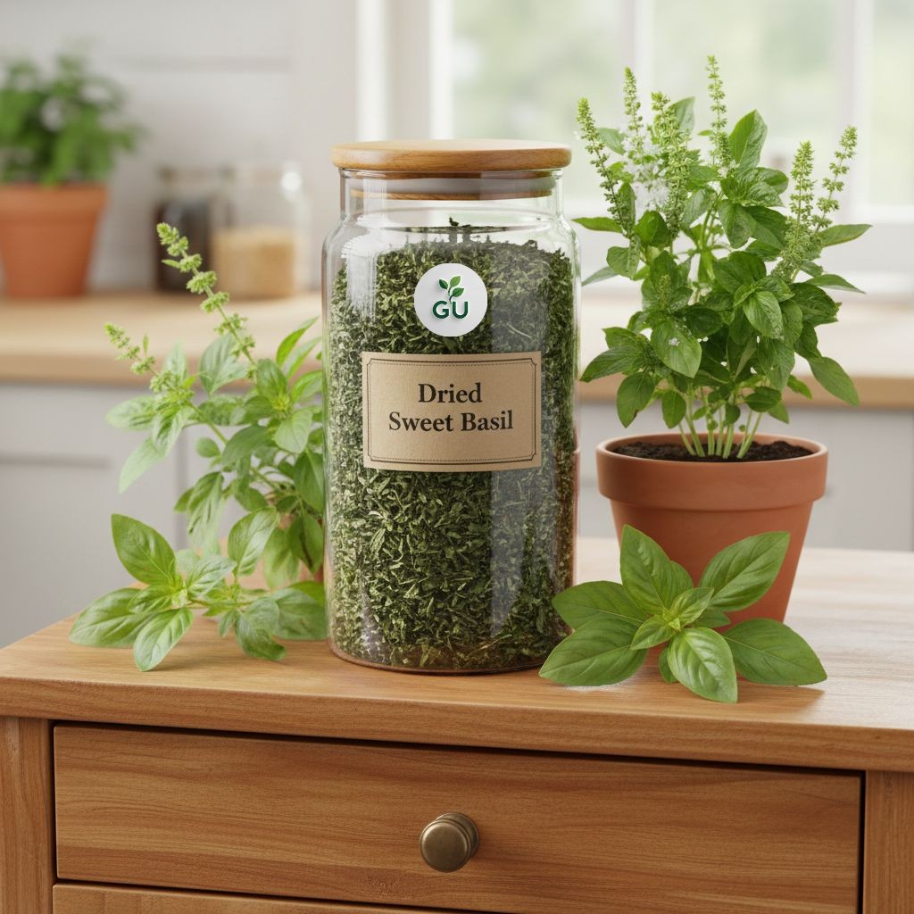 GU Dried sweet basil leaves in a jar with flowering sweet basil plants