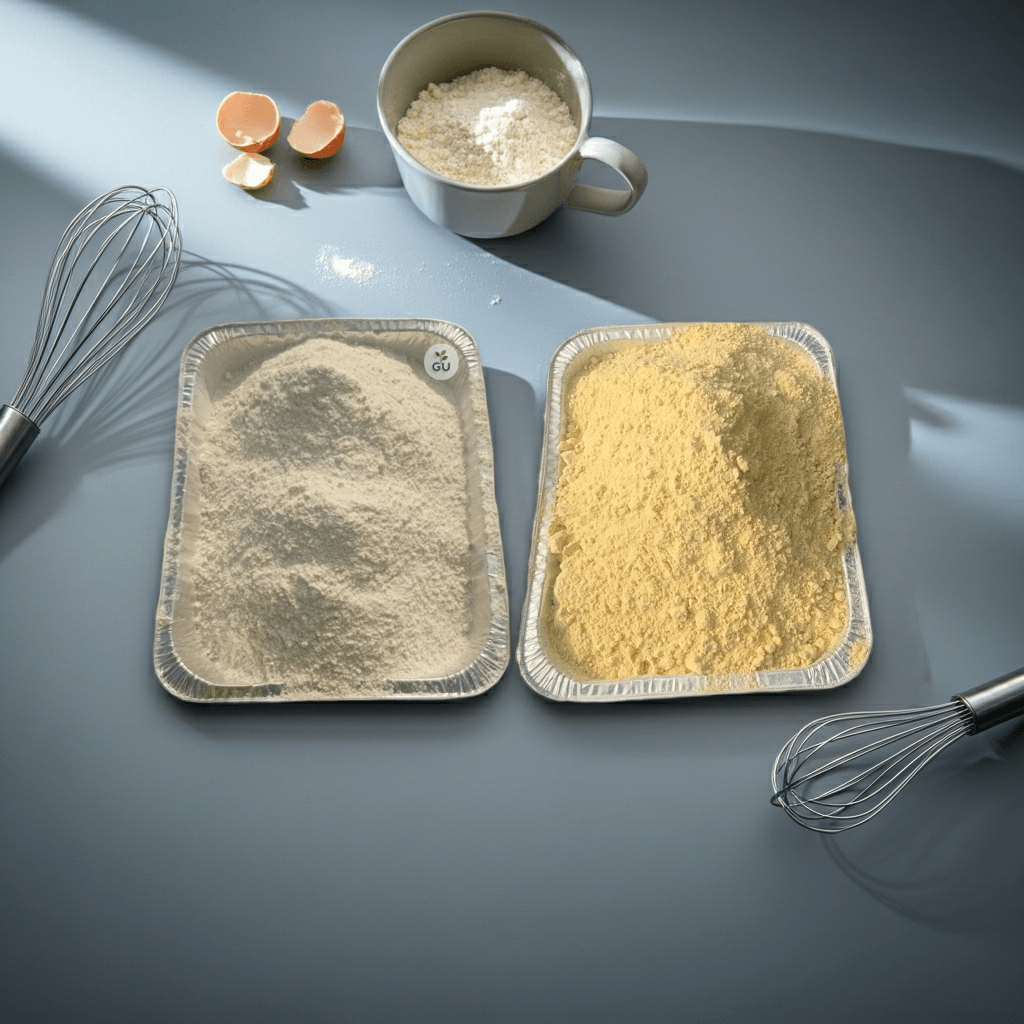 GU White and Yellow corn flour in trays with whisk and egg shells