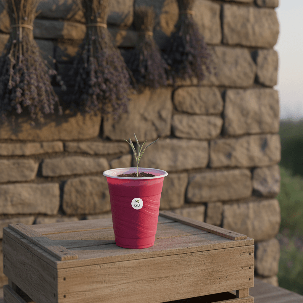 GU Lavender seedlings in a red cup on a stone wall