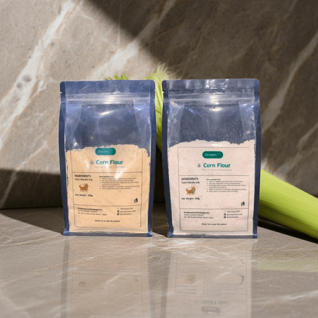 GU White and Yellow corn flour in stand-up pouches with corn kernels