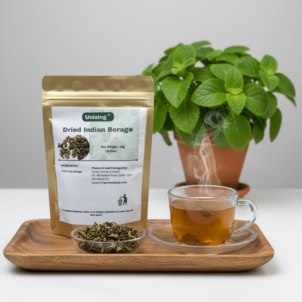 GU Dried Indian borage plants in a pouch with a warm cup of tea around growing Indian borage plants