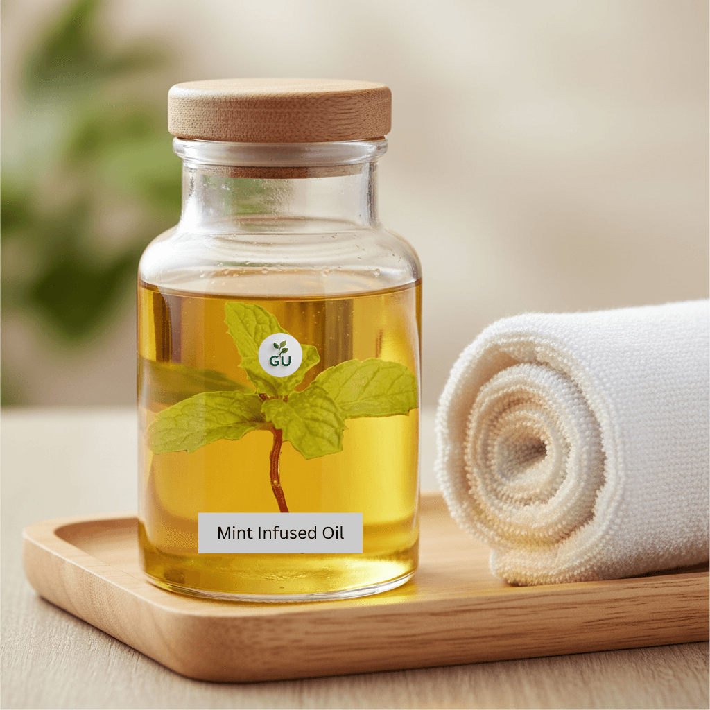 GU Mint infused oil in a jar for aromatherapy