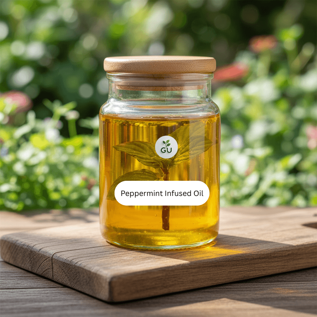 GU Peppermint infused oil in a jar in front of a garden