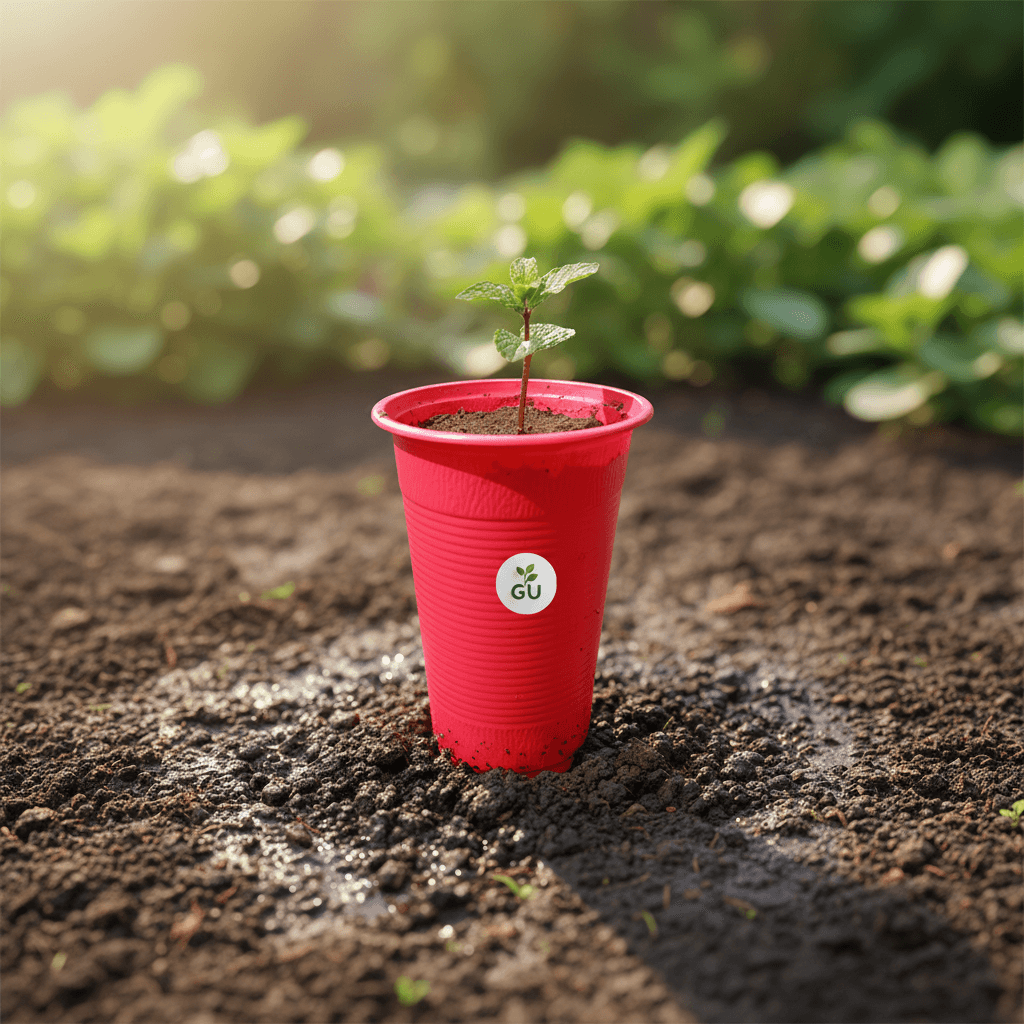 GU Mint Seedling in a Red Cup on Garden Soil