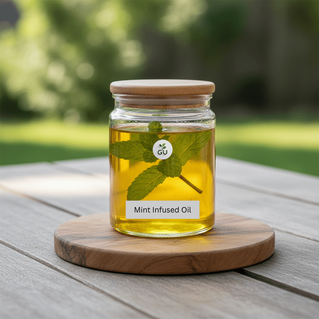 GU Mint infused oil in a jar in front of a field
