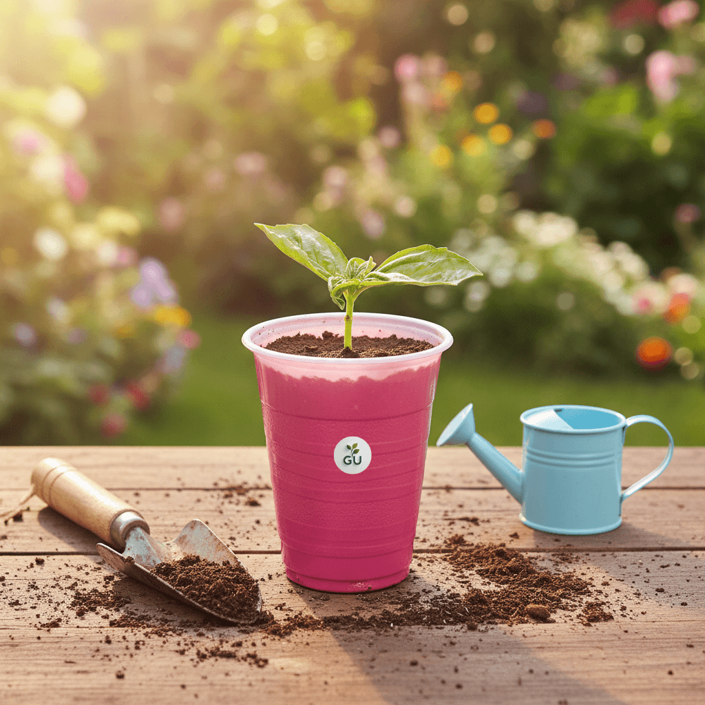 GU Sweet basil seedlings in a red cup with gardening tools