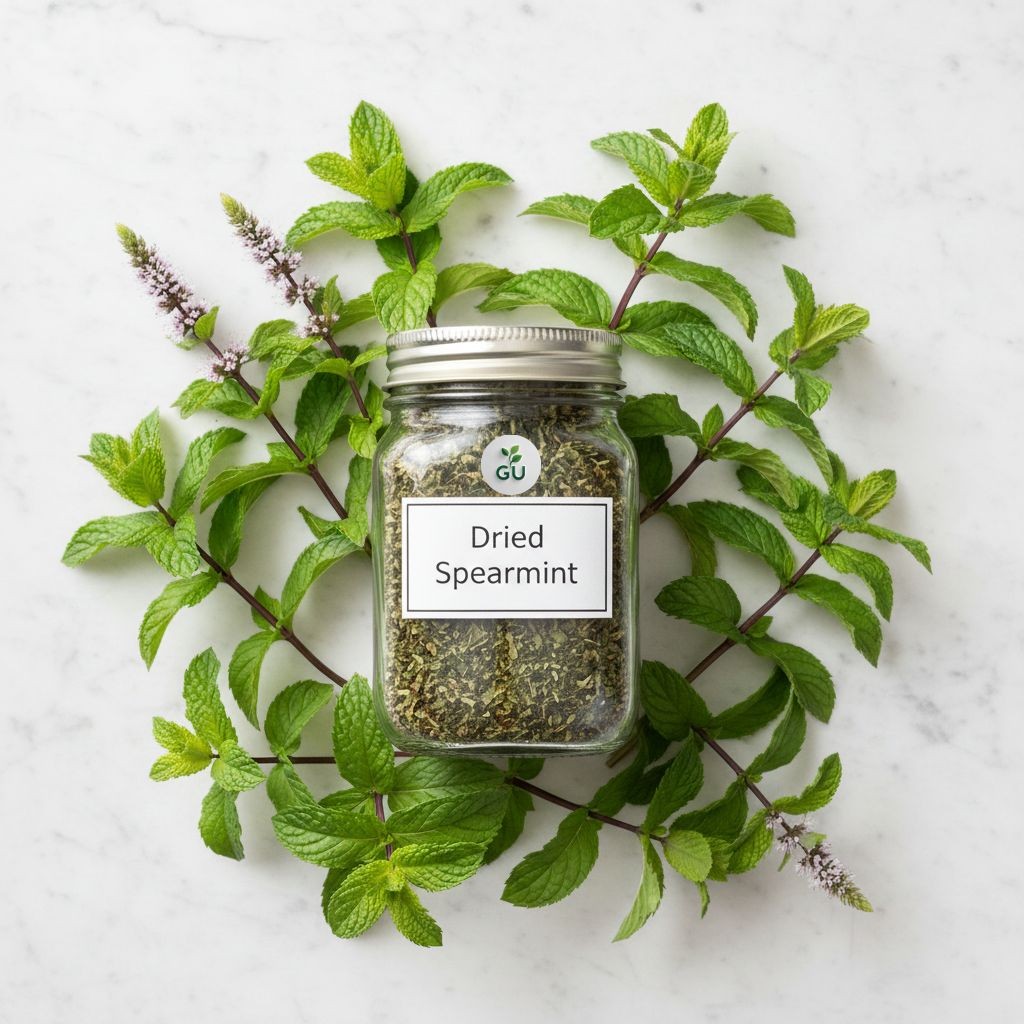 GU Dried spearmint leaves in a jar around spearmint plants
