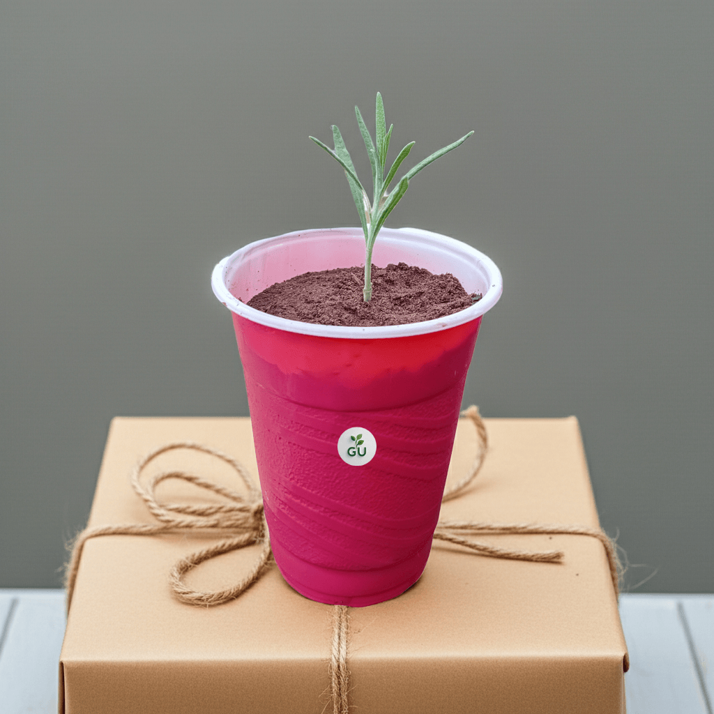 GU Lavender seedlings in a red cup gift ready