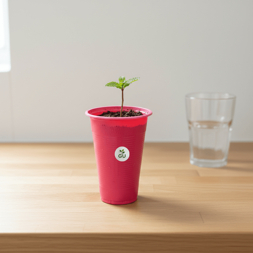 GU Mint Seedling in a Red Cup on a Wooden Table with a Glass Cup of Water