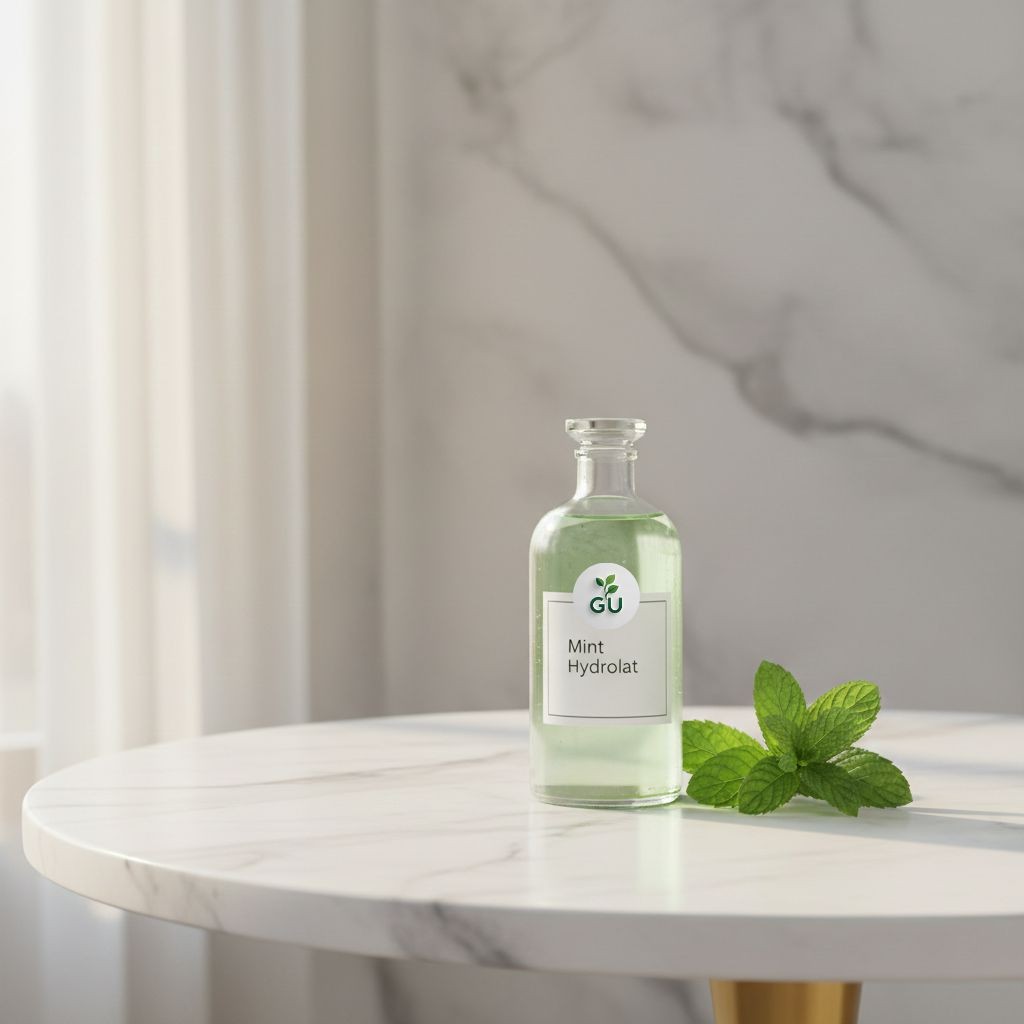 GU Mint hydrolat in a glass bottle on a marble countertop
