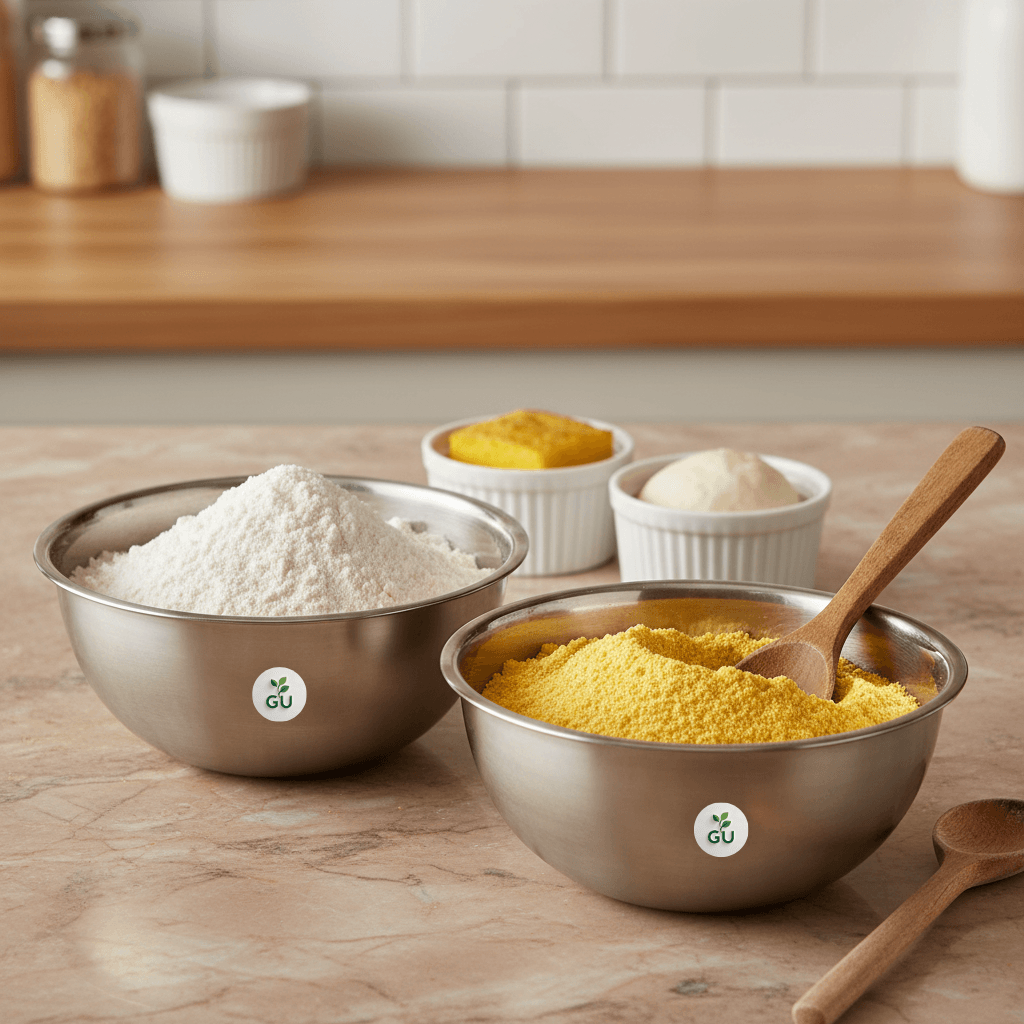 GU White and Yellow corn flour in stainless steel bowls with wooden spoons