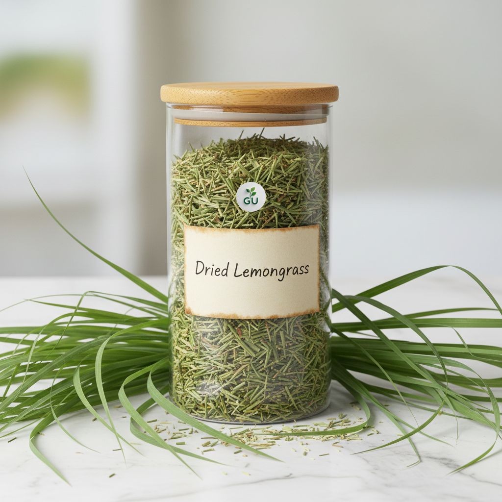 GU Dried lemongrass leaves in a jar around fresh leaves