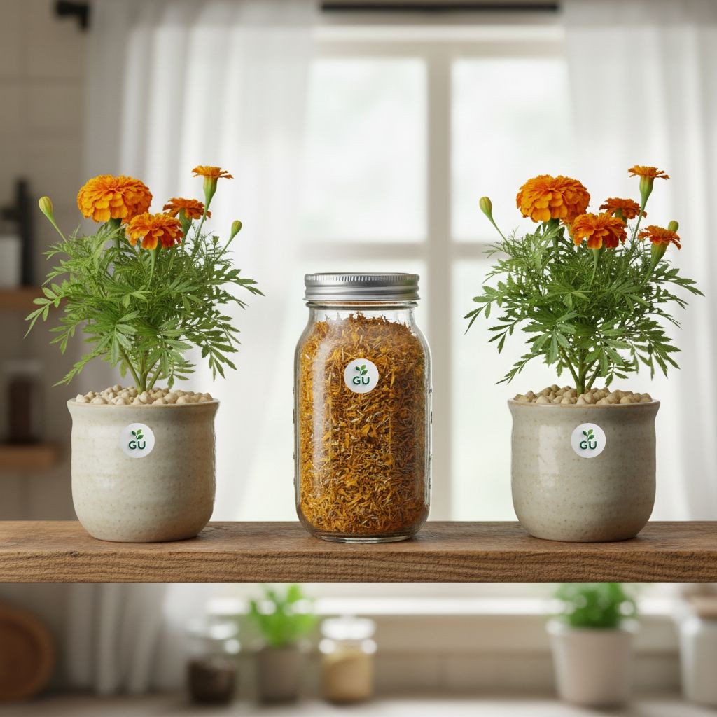 GU Dried marigold petals around flowering Marigold plants