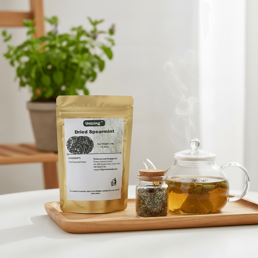 GU Dried spearmint leaves in a pouch with a jug of tea around growing spearmint plants