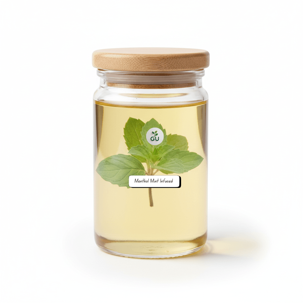 GU Menthol mint infused oil with white background